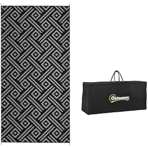 Reversible Outdoor Rug 9' x 18' Waterproof Plastic Straw Floor Mat, Portable RV Camping Carpet in Black & Gray Geometric