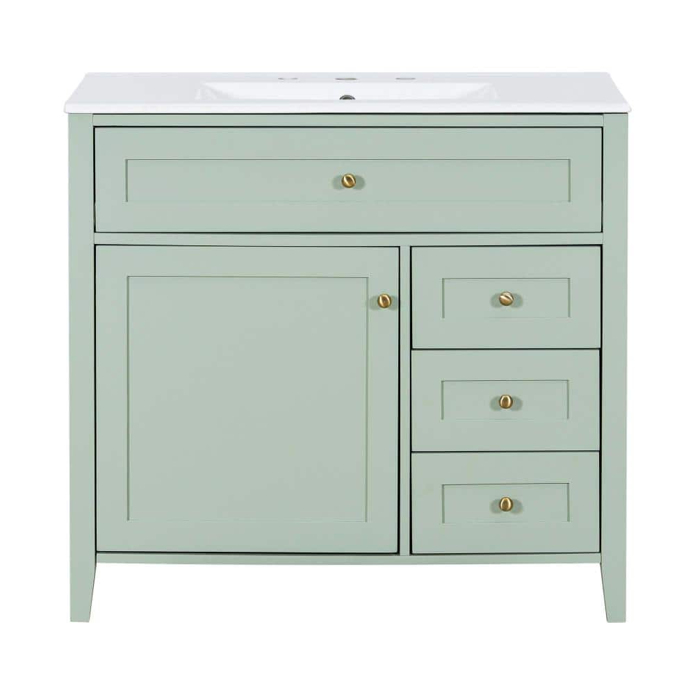 36 in. Light Green Bath Vanity with White Ceramic Top, 3 Drawers, Adjustable Shelf for Bathroom Storage, Organization price history on PriceWatchPro