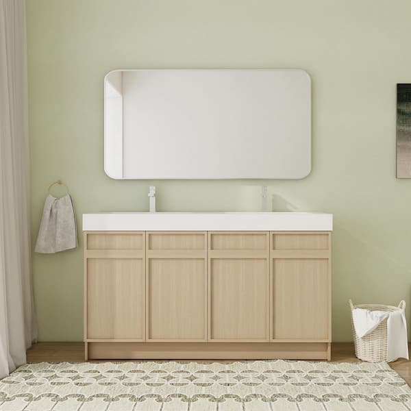 60 in. Freestanding Double Dune Oak Bath Vanity with White Resin Vanity Top Unassembled
