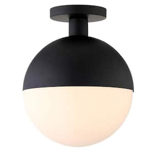 Orb 9.75 in. Blackened Bronze and White Semi Flush Mount with Glass Shade