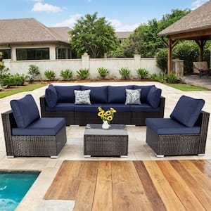 Patio Furniture Set 7-Pieces Wicker Outdoor Sectional Conversation with Couch Chairs, Coffee Table, Dark Blue Cushions