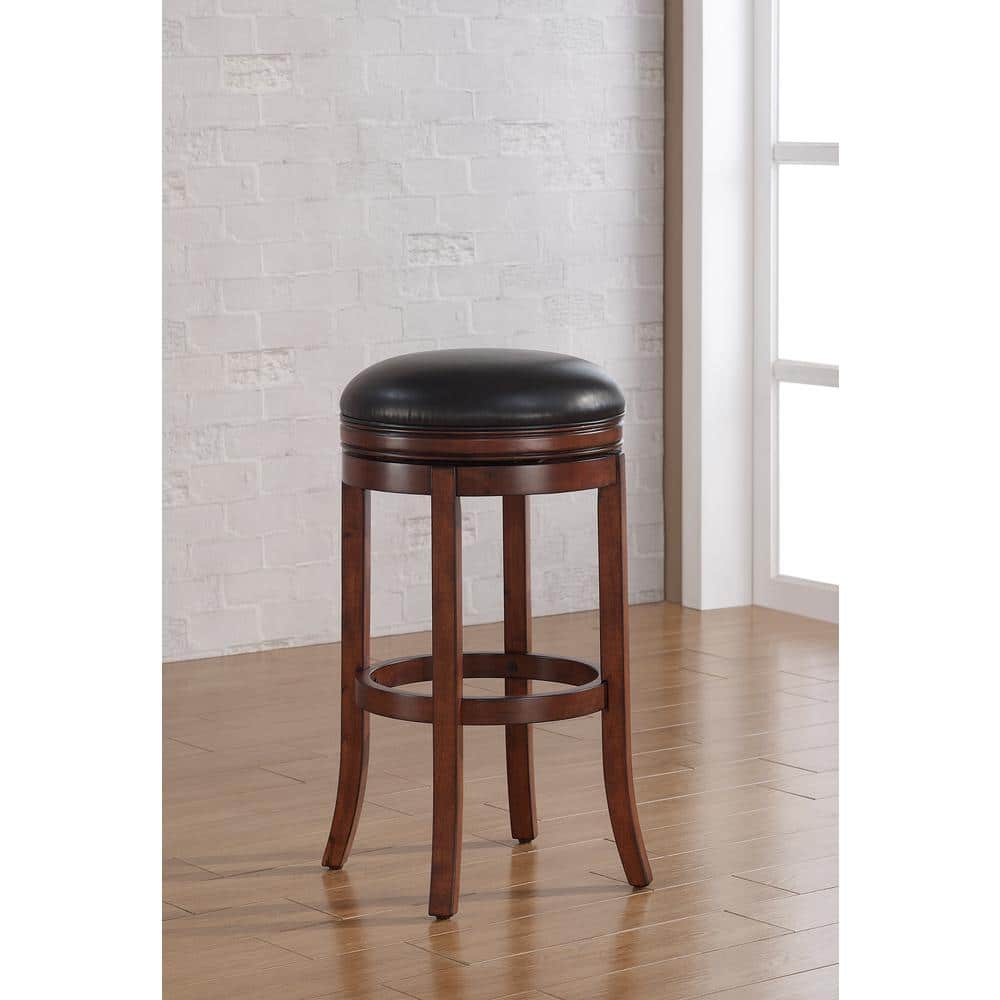 Transitional Brown Wood and Leather Swivel Bar Stool