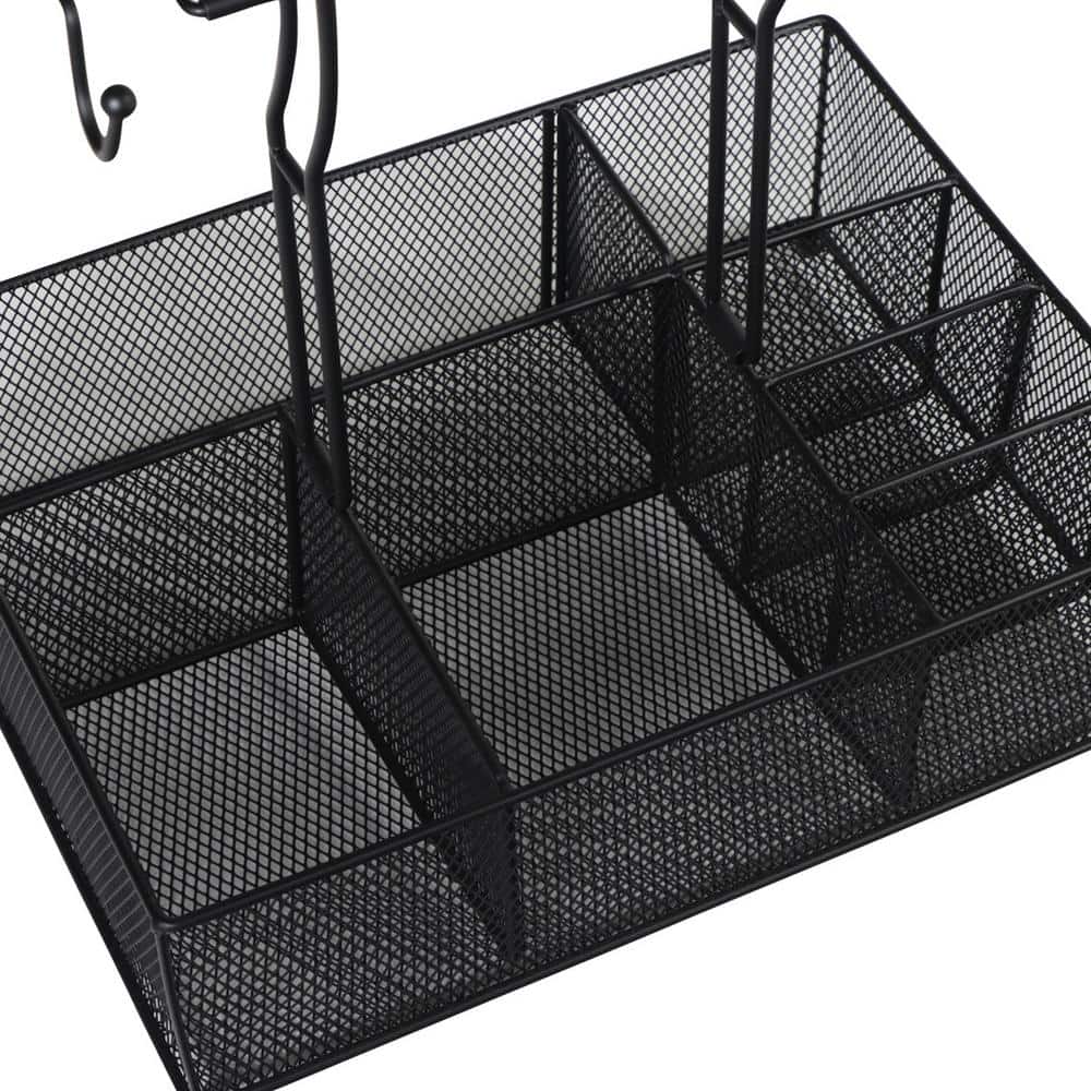 Black Steel Mesh Grill Caddy with Wooden Handle