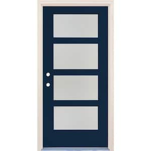 36 in. x 80 in. Right-Hand/Inswing 4 Lite Satin Etch Glass Indigo Painted Fiberglass Prehung Front Door w/4-9/16" Frame