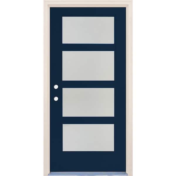 Builders Choice 36 in. x 80 in. Right-Hand/Inswing 4 Lite Satin Etch Glass Indigo Painted Fiberglass Prehung Front Door w/6-9/16" Frame