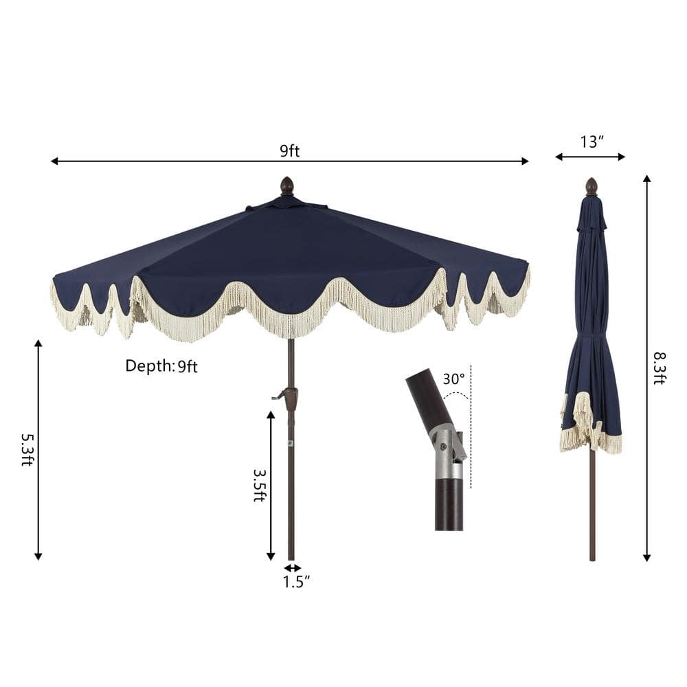 Navy and Cream 9 ft. Cottage Tassel Patio Umbrella