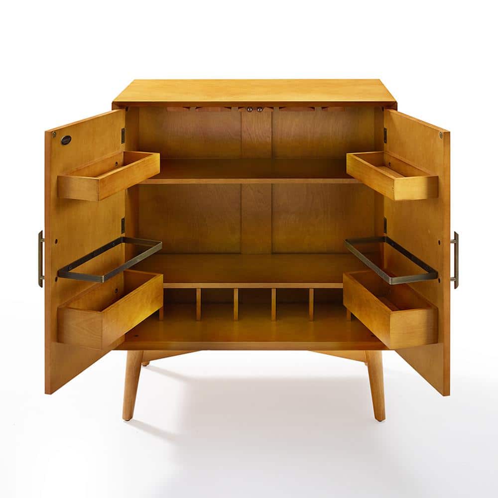 Landon Mid-Century Acorn Brown Bar Cabinet with Antique Brass Handles