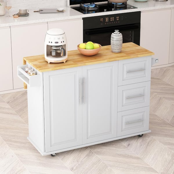 White Solid Wood Kitchen Cart with Drop Leaf, Towel Rack, Spice Rack and 3 Drawers