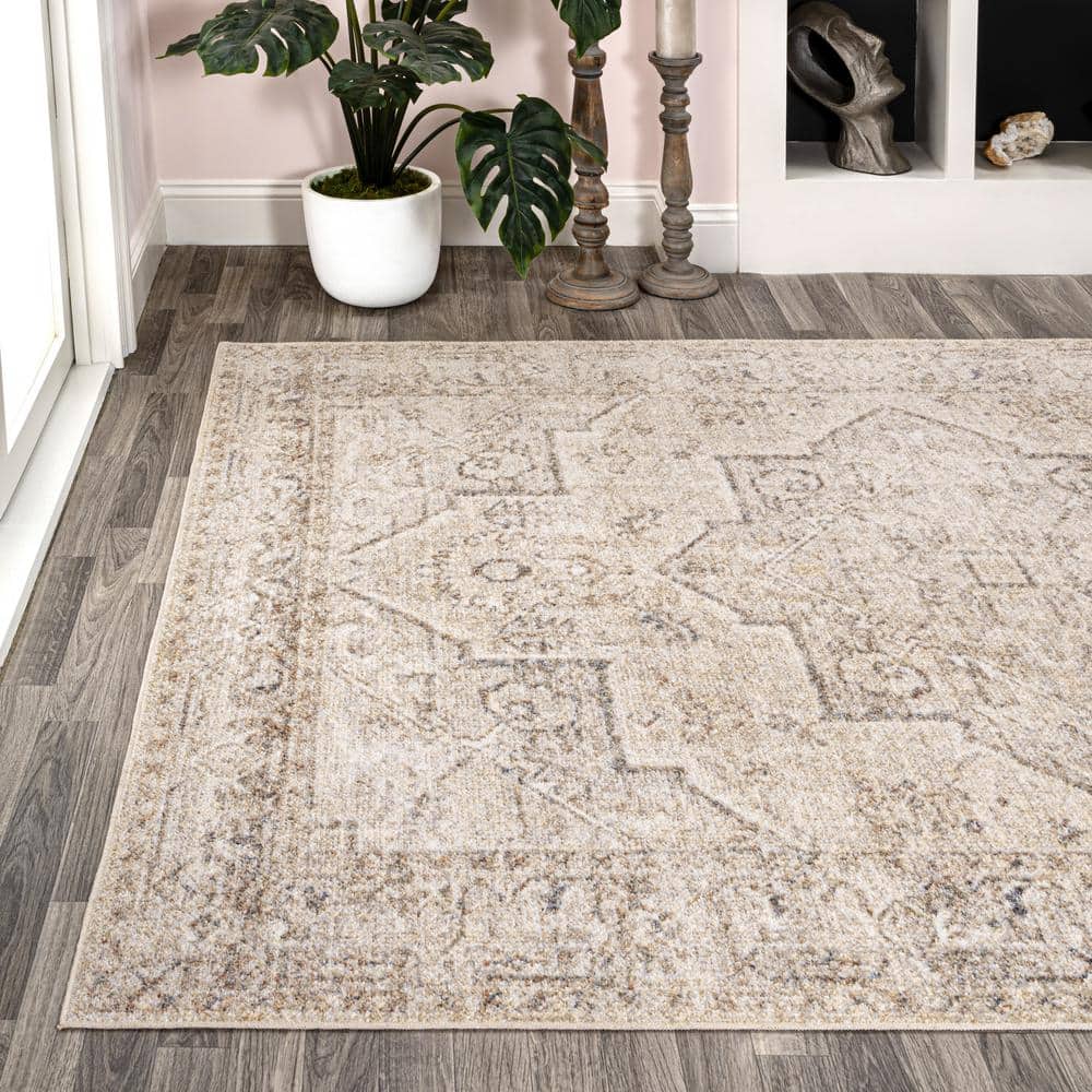 Cream and Brown Medallion Washable Synthetic Area Rug 5'3" x 7'7"