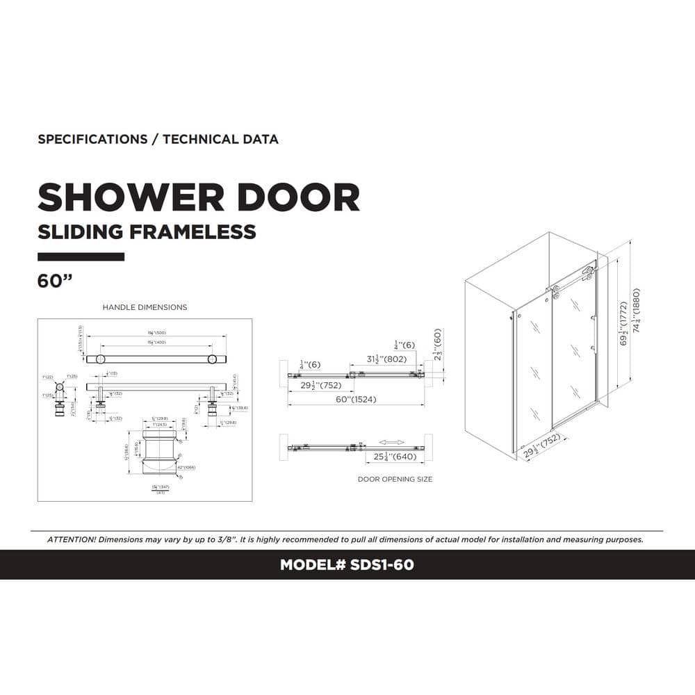60'' Polished Chrome Frameless Sliding Shower Door with Clear Tempered Glass