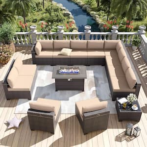 14-Piece Wicker Patio Conversation Set with 55000 BTU Gas Fire Pit Table and Glass Coffee Table and Sand Cushions