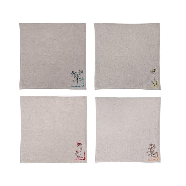Storied Home 18 in. W x 0.1 in. H Gray Flower Printed Cotton and Linen Napkins (Set of 4)