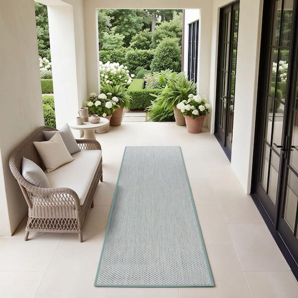 Courtyard Ivory/Aqua 2 ft. x 10 ft. Runner Solid Geometric Contemporary Indoor/Outdoor Area Rug
