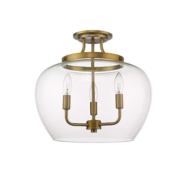 Unbranded - 15.75 in. 3-Light Olde Brass Semi-Flush Mount with Clear Glass