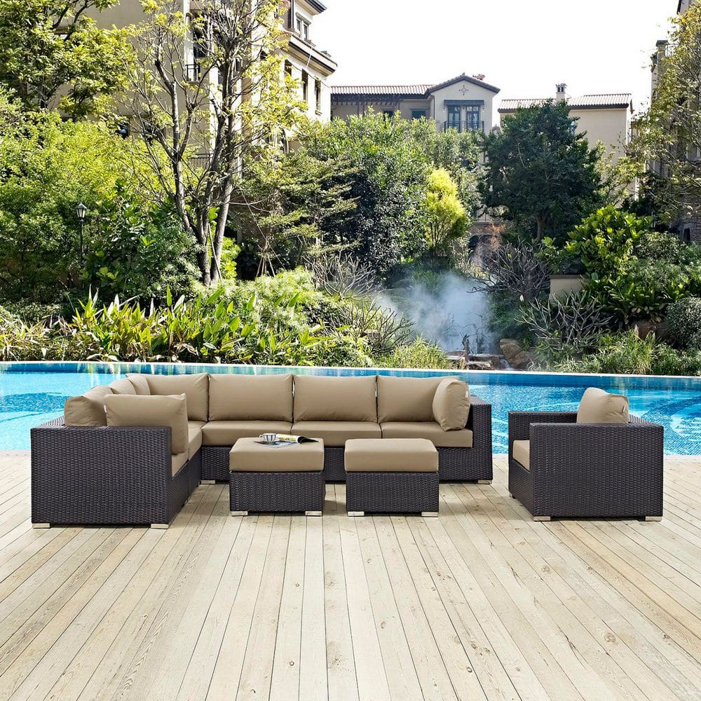 Convene Wicker Rattan 9-Pieces Outdoor Patio Sectional Sofa Furniture Set with Cushions in Espresso Mocha