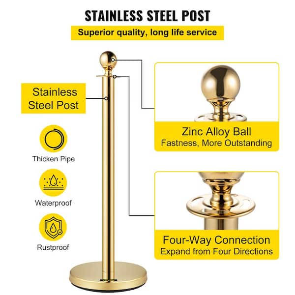 VEVOR Velvet Ropes and Posts 5 ft. Red Rope Stainless Steel Gold