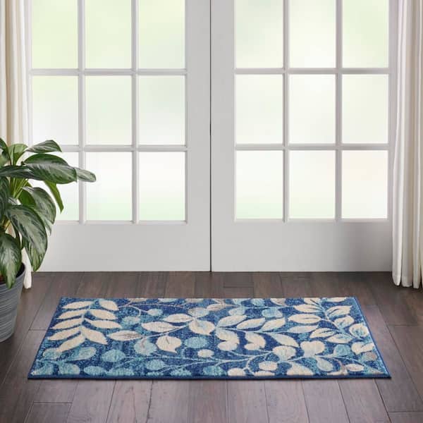 Tranquil Navy Blue doormat 2 ft. x 4 ft. Floral Modern Kitchen Area Rug