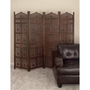 6 ft. Handmade Hinged Foldable Partition Brown Floral 4 Panel Room Divider Screen with Intricately Carved Designs