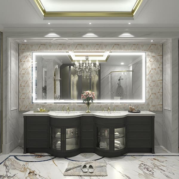 72 in. W x 32 in. H Large Rectangular Frameless Front LED Lights Anti-Fog Wall Bathroom Vanity Mirror in Tempered Glass