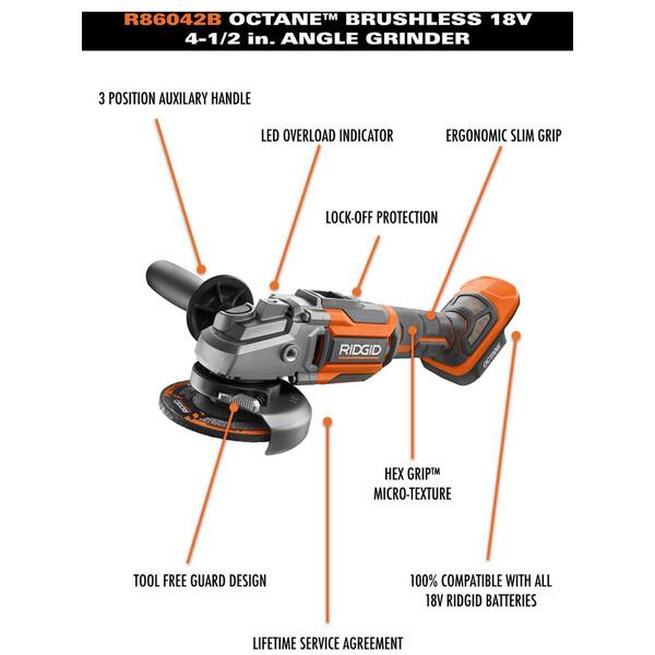 Bulk Packaged Tool-Only Ridgid 18-Volt Cordless Brushless 4-1/2 in Angle Grinder Renewed 