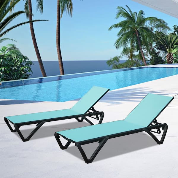 Unbranded 2-Pieces Aluminum Plastic Lake Blue Adjustable Outdoor Chaise Lounge All Weather Reclining Chair for Yard, Pool