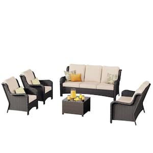 Janus Brown 5-Piece Wicker Patio Conversation Seating Set with Beige Cushions and Coffee Table