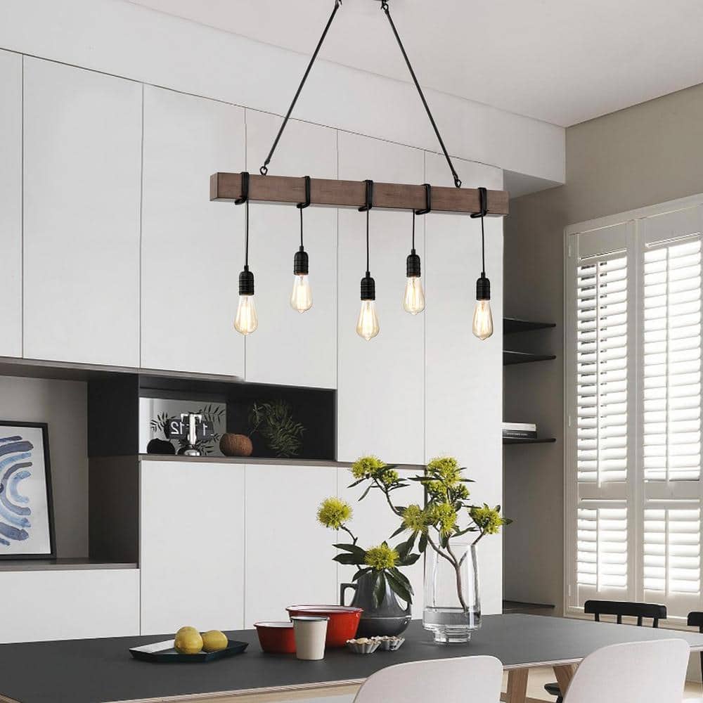 Antique Black and Natural Wood 5-Light Linear Chandelier