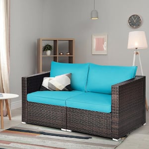 2-Piece Wicker Patio Conversation Set Corner Sofa Set with Blue Cushions