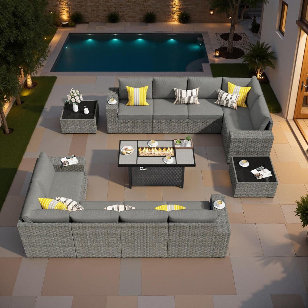 Aestheticism 13-Pieces Wicker Outdoor Patio Rectangular Iron Fire Pit Set with Dark Gray Cushions