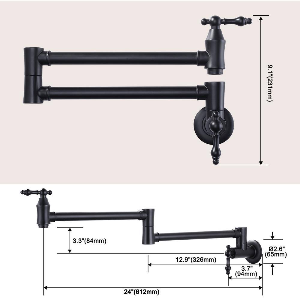 Matte Black Brass Wall Mounted Pot Filler Faucet with Double Joint Swing Arms