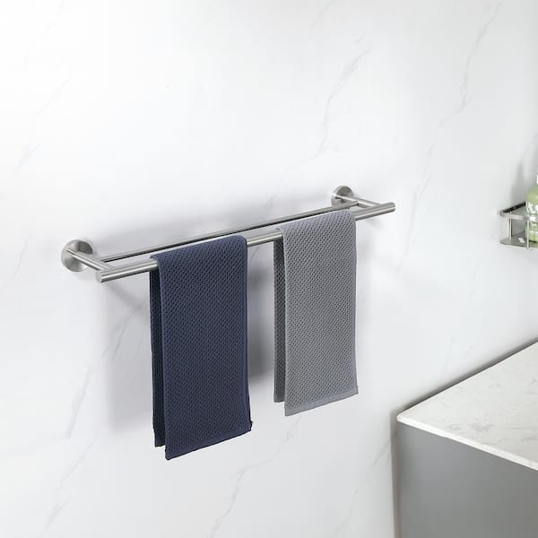Bathroom 24 in. Wall Mounted Double Towel Bar Towel Holder in Brushed Nickel (2-Pieces)