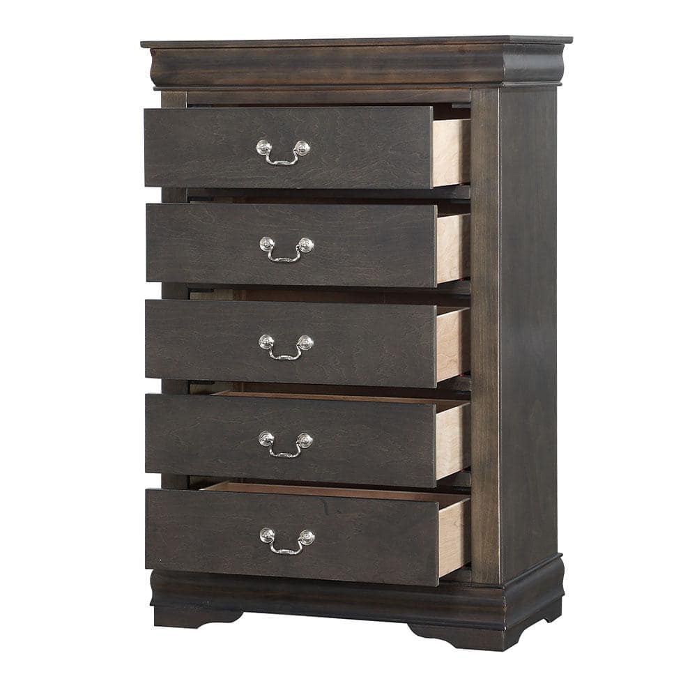 Elegant Gray Wooden Chest with Five Dovetail Drawers and Nickel Handles
