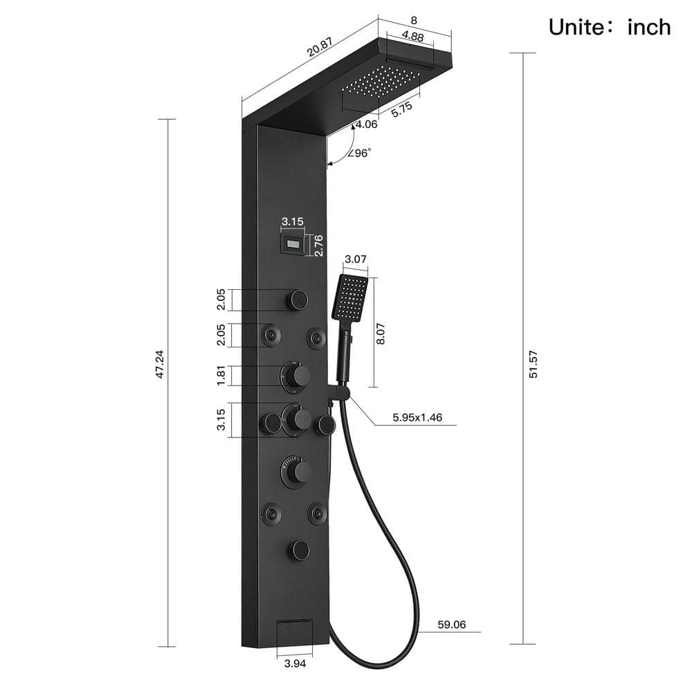 Black Stainless Steel 51.57'' Shower Panel with Rainfall and Waterfall Shower Heads