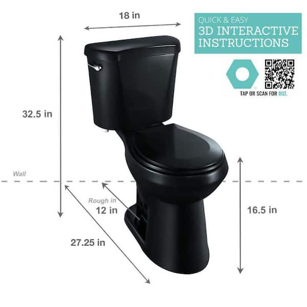 12 inch Rough In Two-Piece 1.28 GPF Single Flush Round Toilet in Black Seat Included