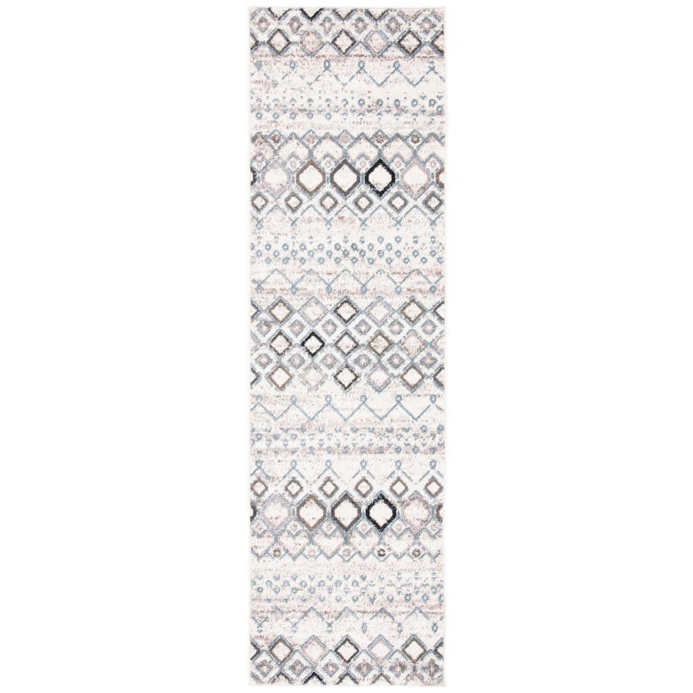 Ivory and Grey Hand-Knotted Synthetic Runner Rug