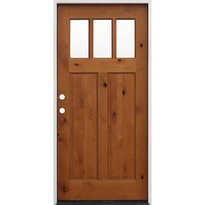 36 in. x 80 in. Golden Right-Hand Inswing 2-Panel 3-Lite Clear Insulated Glass Alder Prehung Prefinished Entry Door