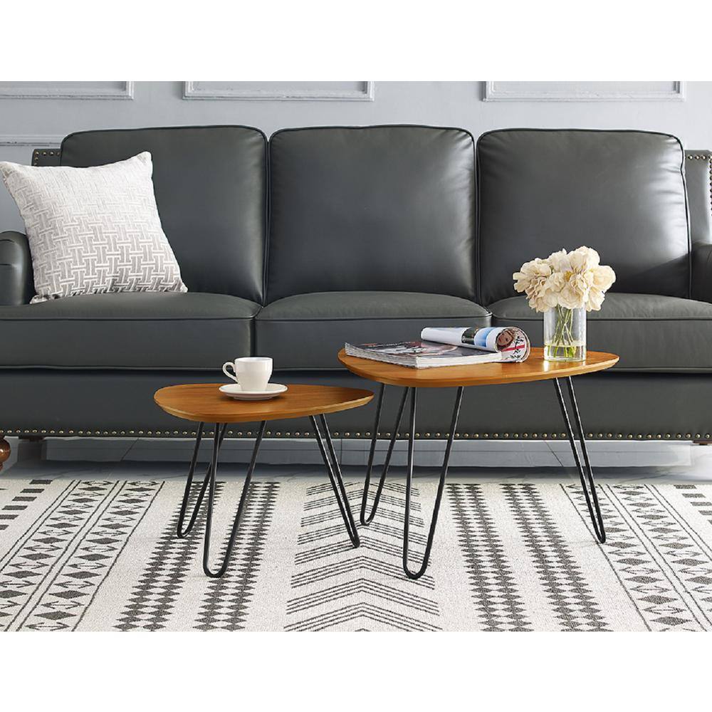 Walnut Triangular Wood Nesting Coffee Tables with Hairpin Legs