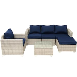 6-Piece Grey Rattan Wicker Patio Conversation Set Outdoor Sectional Sofa Set with Dark Blue Cushions