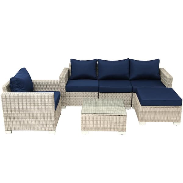 Unbranded 6-Piece Grey Rattan Wicker Patio Conversation Set Outdoor Sectional Sofa Set with Dark Blue Cushions