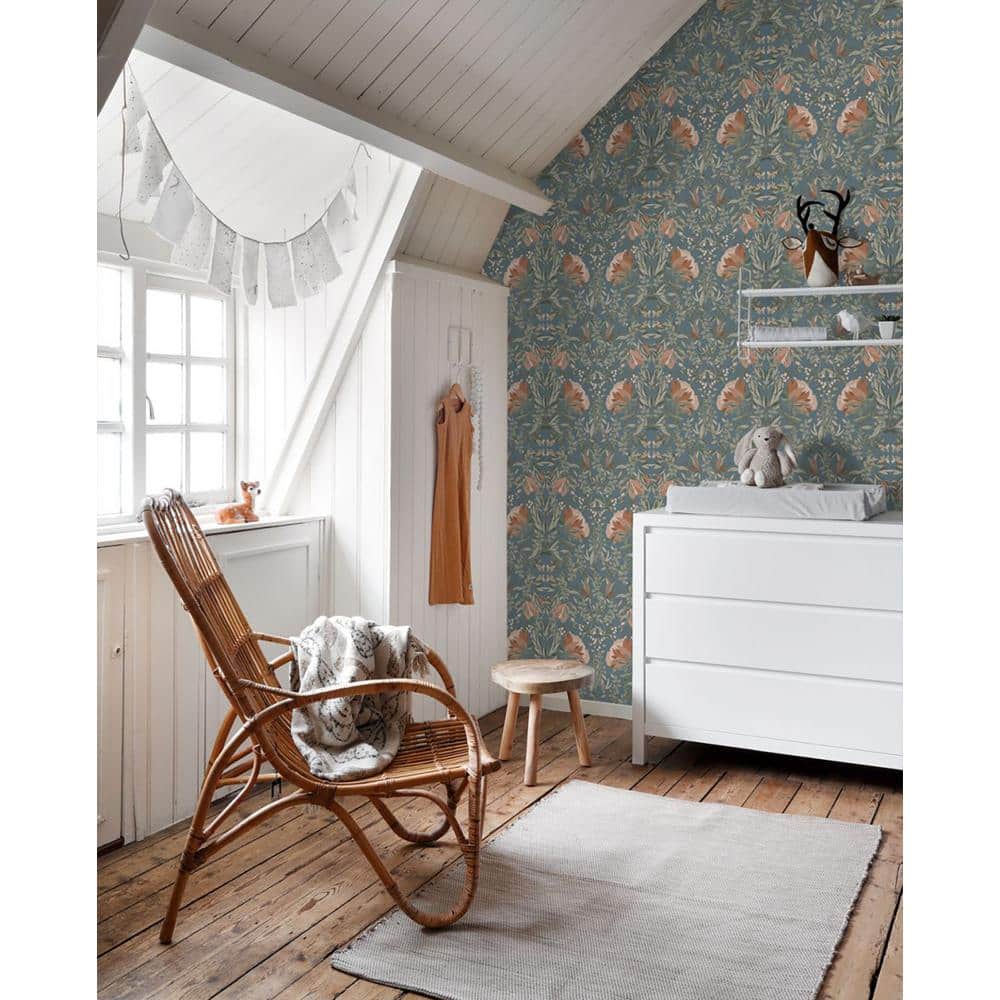 Ester Blue Art Nouveau Floral Non-Woven Wallpaper