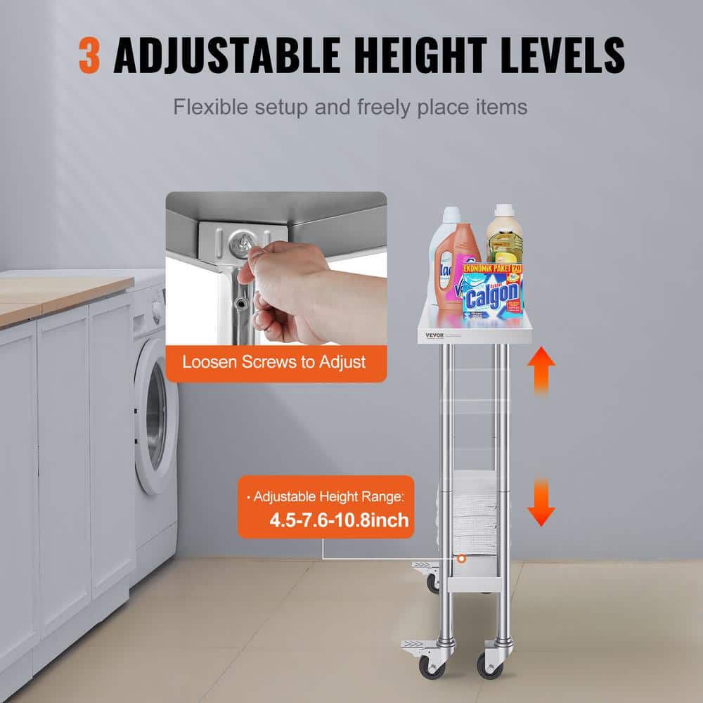 Silver Stainless Steel Adjustable Height Kitchen Cart