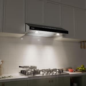36 in. 900 CFM Ducted Under Cabinet Range Hood in Stainless Steel and Black Glass with LED Lights and Baffle Filters