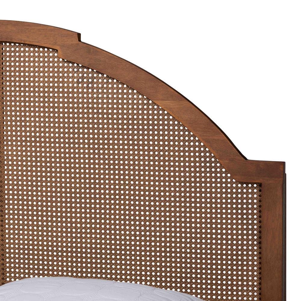 Walnut Brown Queen Wood Frame Platform Bed with Rattan Headboard