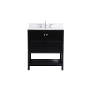 30 in. W Single Bath Vanity in Black with Engineered Stone Vanity Top in White with White Basin with Backsplash