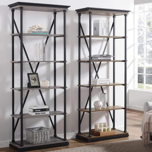 Blue River 33.88 in. W x 84.25 in. H Antique Gray and Black 5- -Shelf Standard Bookcase