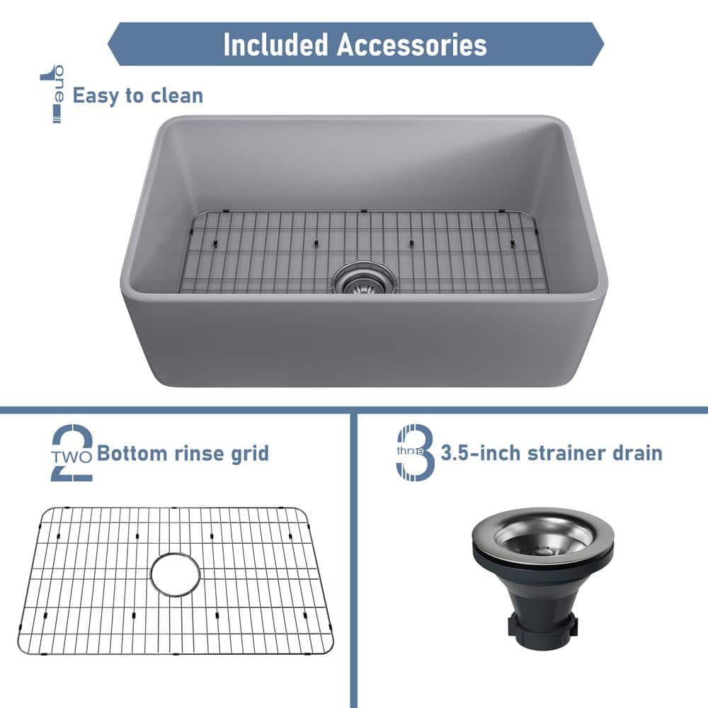 Gray Fireclay Single Bowl Farmhouse Kitchen Sink