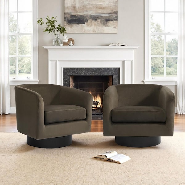 Modern Coffee Velvet Upholstered 360°Swivel Accent Arm Chair with Wood Base(Set of 2)