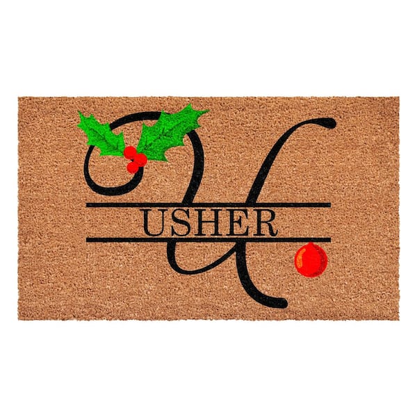 Personalized Multi-Colored Christmas Holly 48 in. x 24 in. Indoor/Outdoor Doormat, Letter U