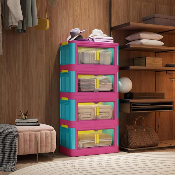 Unbranded Blue 20 in. Folding Storage Cabinet Kitchen Buffet Sideboards, 4-Tier Collapsible Storage Bins Kitchen Pntry with Wheels