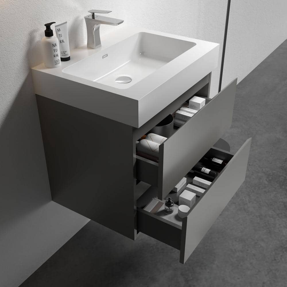 Gray 24'' Floating Wall-Mount Bathroom Vanity with White Sink